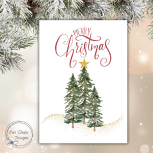 Tarjeta Festiva Elegantes árboles de acuarela, "Feliz Navidad"
