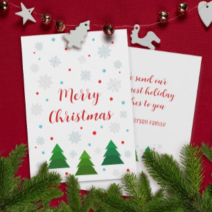 Tarjeta Festiva Elegantes árboles navideños modernos y copos de ni