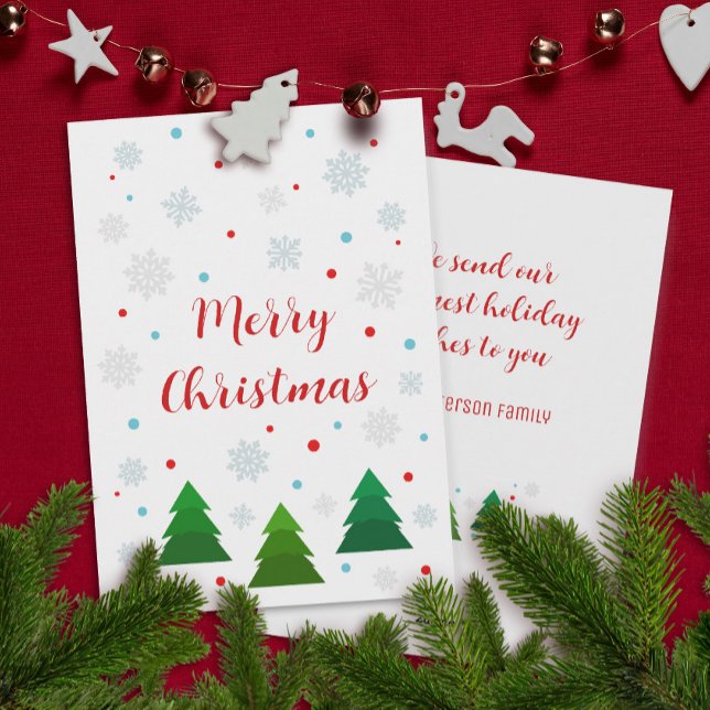 Tarjeta Festiva Elegantes árboles navideños modernos y copos de ni (Elegant modern custom Christmas card with fir trees and snowflakes)