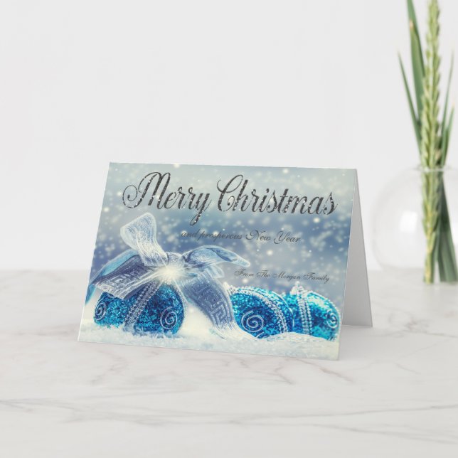 Tarjeta Festiva Elegantes bolas de Navidades azules (Anverso)