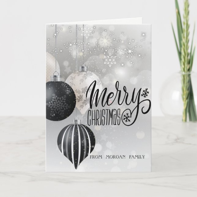 Tarjeta Festiva Elegantes bolas de Navidades negros, estrellas (Anverso)