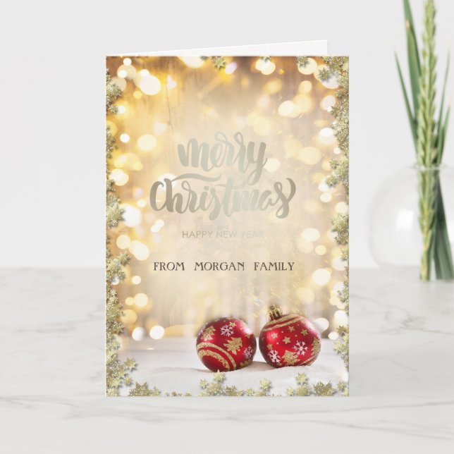 Tarjeta Festiva Elegantes bolas de Navidades rojos, Stars Bokeh (Anverso)