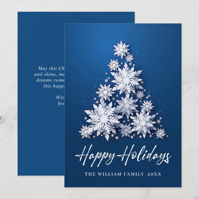 Tarjeta Festiva Elegantes copas de nieve Saludo de Árbol de Navida (Anverso / Reverso)