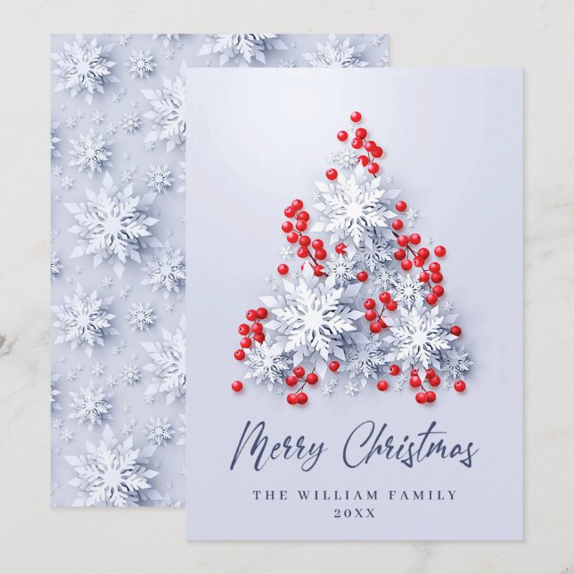 Tarjeta Festiva Elegantes copas de nieve Saludo de Árbol de Navida (Anverso / Reverso)