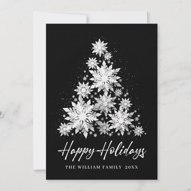 Tarjeta Festiva Elegantes copas de nieve Saludo de Árbol de Navida (Anverso)