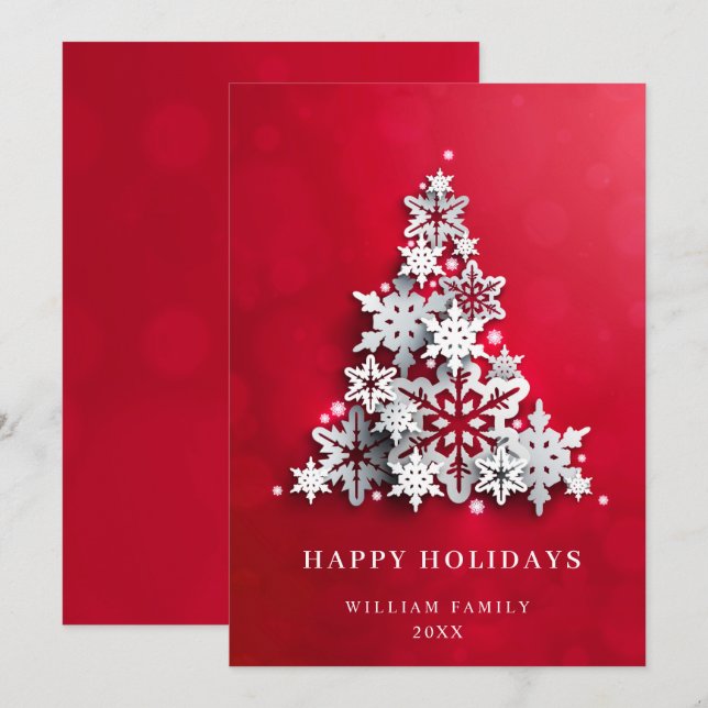 Tarjeta Festiva Elegantes copas de nieve Saludo de Árbol de Navida (Anverso / Reverso)