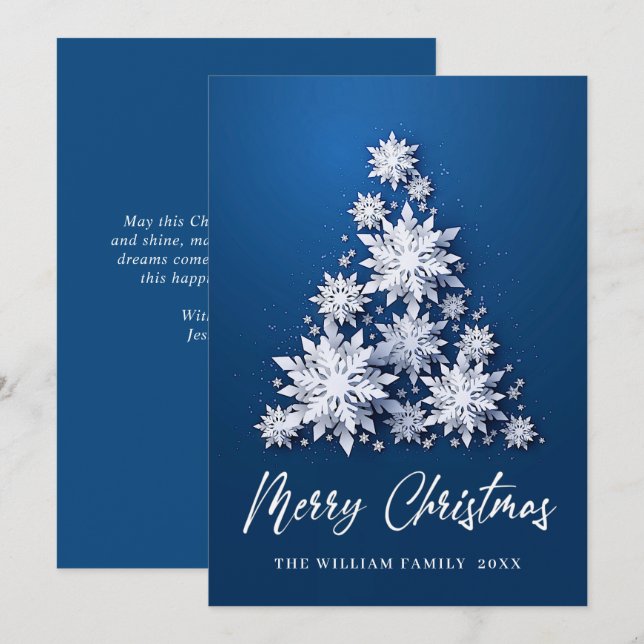 Tarjeta Festiva Elegantes copas de nieve Saludo de Árbol de Navida (Anverso / Reverso)
