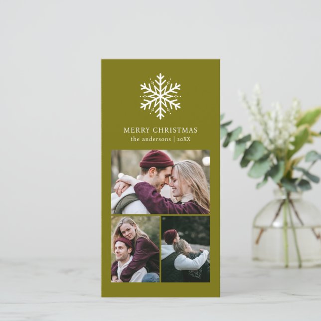 Tarjeta Festiva Elegantes copos de nieve con aceitunas 4 Navidades (Anverso de pie)