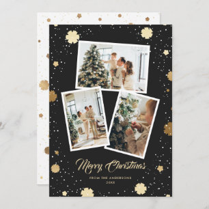 Tarjeta Festiva Elegantes copos de nieve de oro negro 3 Navidades