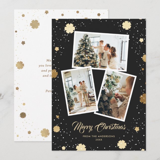 Tarjeta Festiva Elegantes copos de nieve de oro negro 3 Navidades  (Anverso / Reverso)