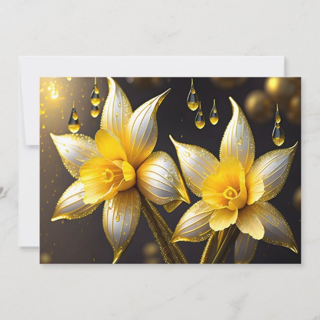 Tarjeta Festiva Elegantes daffodils con acentos dorados, Pascua (Anverso)