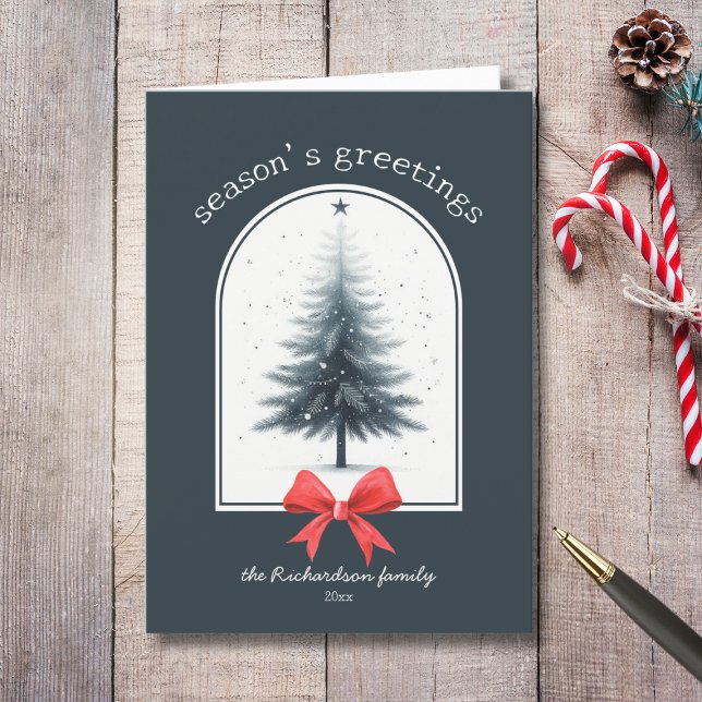 Tarjeta Festiva Elegantes estaciones de árboles navideños saludos (sweet rustic vintage red bow evergreen christmas tree seasons greetings custom holiday card)
