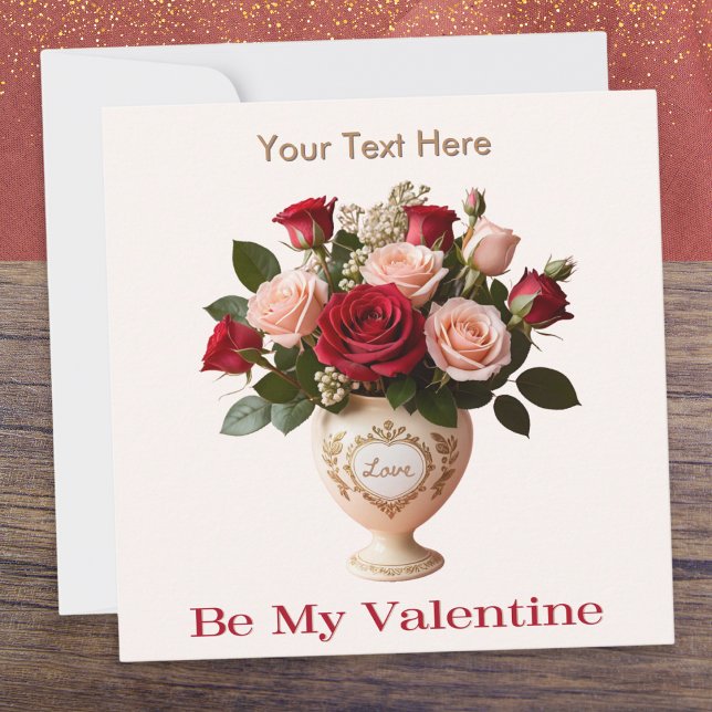 Tarjeta Festiva Elegantes flores de rosa bonitas sean mi San Valen (A customizable Valentine's Day card, with pink and red roses picture and 'Be My Valentine' words)