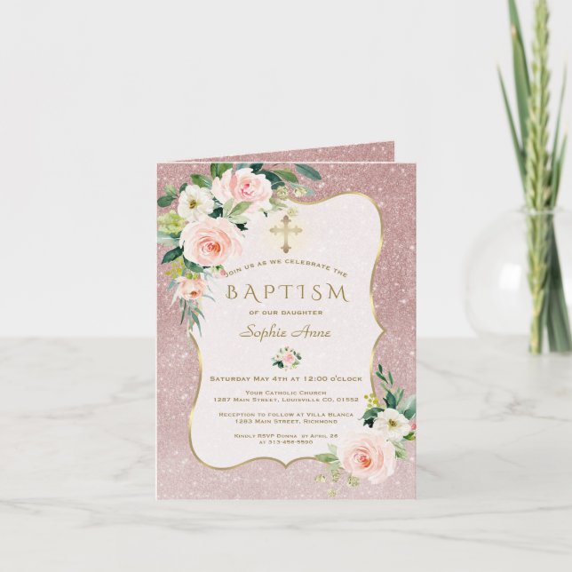 Tarjeta Festiva Elegantes flores rosadas Subió bautismo Purpurina  (Anverso)