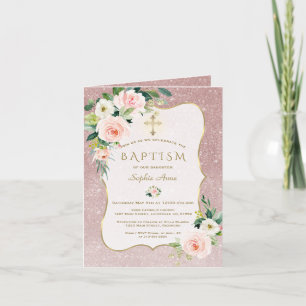 Tarjeta Festiva Elegantes flores rosadas Subió bautismo Purpurina