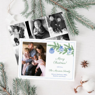Tarjeta Festiva Elegantes fotos de la familia verde azul Feliz Nav