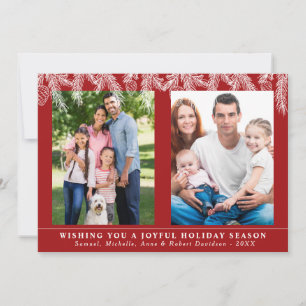 Tarjeta Festiva Elegantes Fotos Familiares de Piñon y Copos de Nie