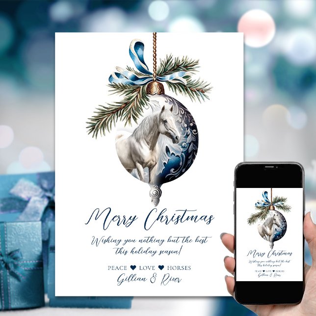Tarjeta Festiva Elegantes Navidades azules hípicos hípicos (Elegant blue Christmas white horse equestrian Holiday Card)