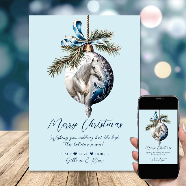 Tarjeta Festiva Elegantes Navidades azules hípicos hípicos (Elegant blue Christmas white horse equestrian Holiday Card)