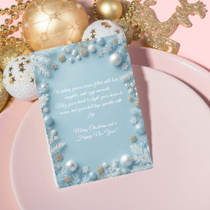 Tarjeta Festiva Elegantes Navidades azules y blancos saludando