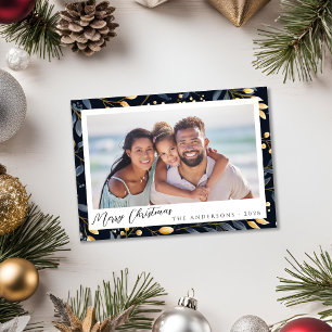 Tarjeta Festiva Elegantes Navidades Azules Y Oro Dejan Foto