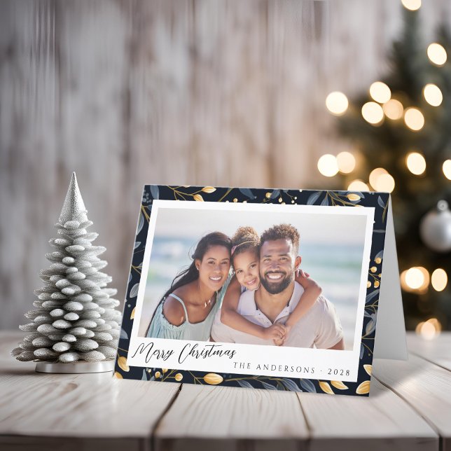 Tarjeta Festiva Elegantes Navidades Azules Y Oro Leaf Foto Doblada (Blue and Gold Leaves Christmas Folded Card)