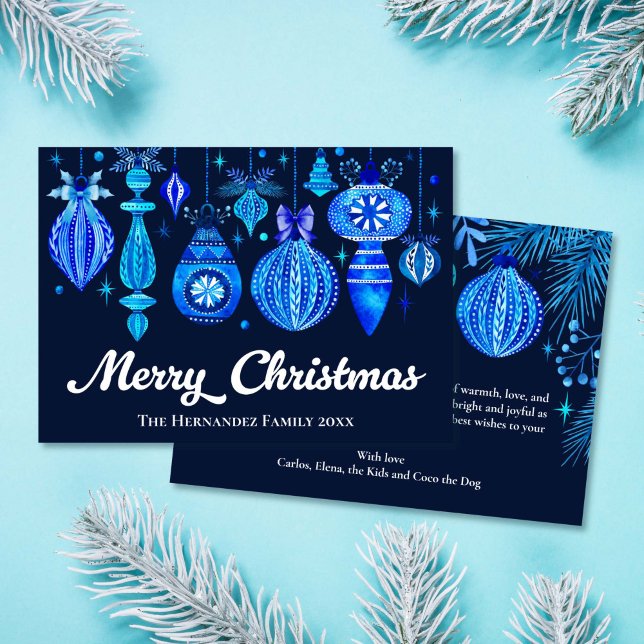 Tarjeta Festiva Elegantes Navidades Baubles Navy Blue Watercolor (Elegant Christmas Ornaments Navy Blue Watercolor Holiday Card)