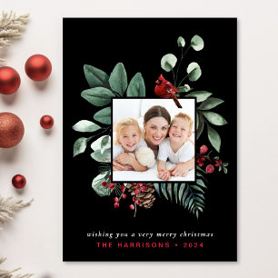 Tarjeta Festiva Elegantes Navidades Cardenales Rojos Foto Negra