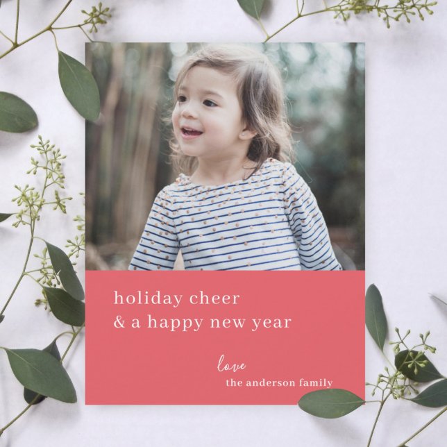 Tarjeta Festiva Elegantes Navidades Cheer | Foto roja de frambuesa (Personalize your holiday photo card for a simple sophisticated look)