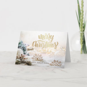 Tarjeta Festiva Elegantes Navidades con bolas de oro copos de niev