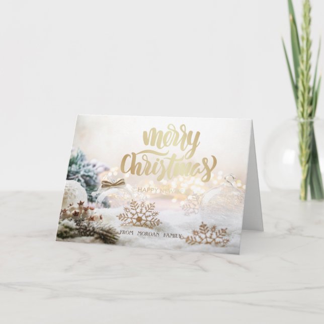 Tarjeta Festiva Elegantes Navidades con bolas de oro copos de niev (Anverso)