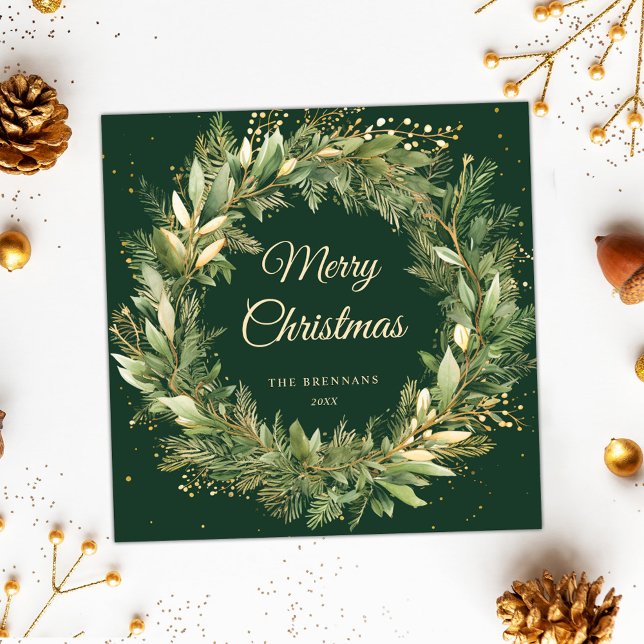 Tarjeta Festiva Elegantes Navidades con vegetación botánica verde (Elegant Christmas Wreath Green Botanical Greenery Holiday Card)