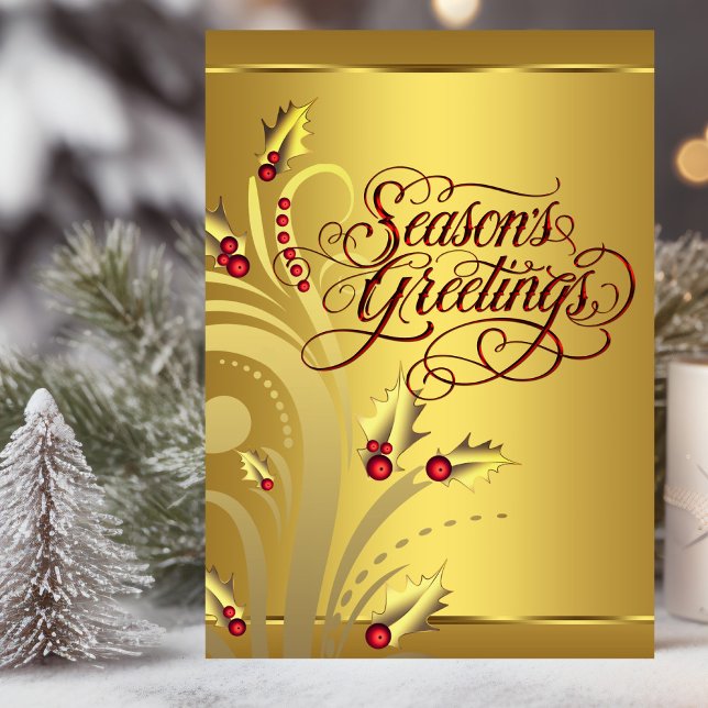 Tarjeta Festiva Elegantes Navidades cristianos del Red Gold Holly (Christian Christmas card with elegant red and gold design.)