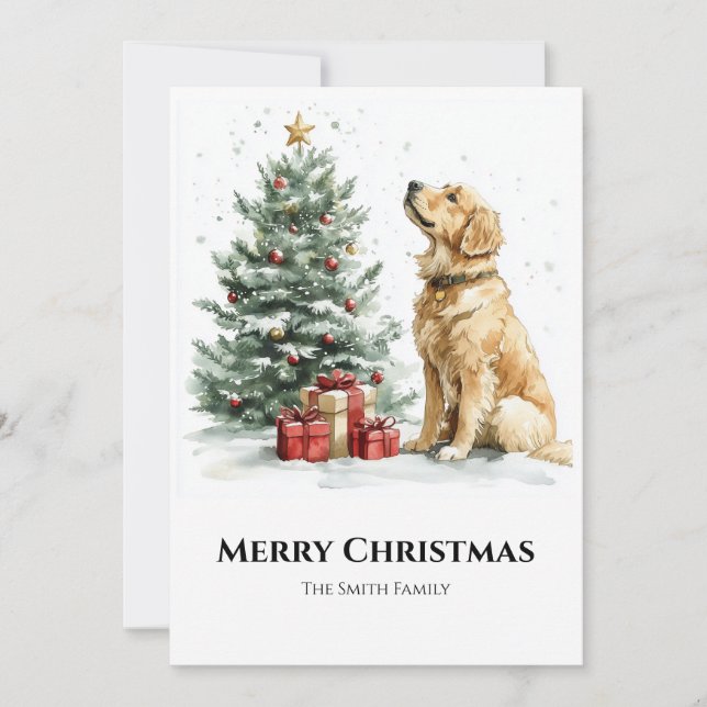 Tarjeta Festiva Elegantes Navidades de acuarela y perro (Anverso)