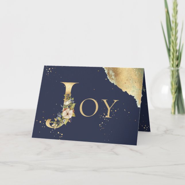 Tarjeta Festiva Elegantes Navidades de Alegría Azul Floral Oro (Anverso)