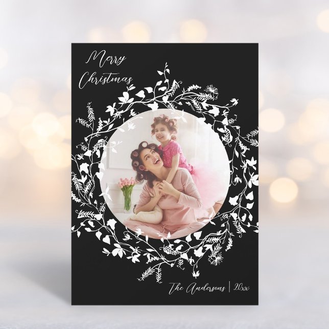 Tarjeta Festiva Elegantes Navidades de Boho Wildflower negros y bl (Subido por el creador)