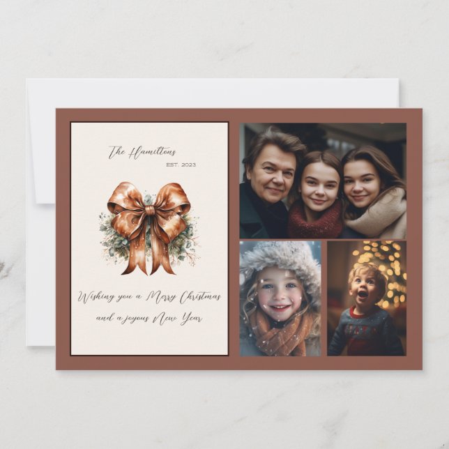 Tarjeta Festiva Elegantes Navidades de Bow Botánico Tres Foto (Anverso)