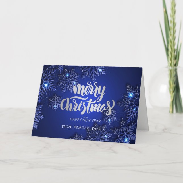 Tarjeta Festiva Elegantes Navidades de copos de nieve azules (Anverso)