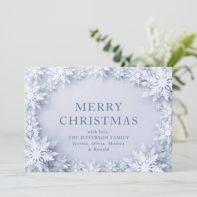 Tarjeta Festiva Elegantes Navidades de copos de nieve saludan (Anverso de pie)