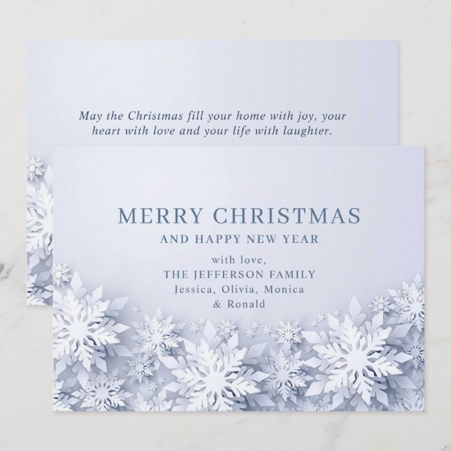Tarjeta Festiva Elegantes Navidades de copos de nieve saludan (Anverso / Reverso)