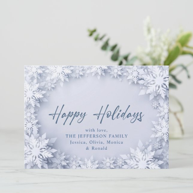 Tarjeta Festiva Elegantes Navidades de copos de nieve saludan (Anverso de pie)