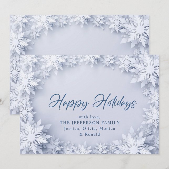 Tarjeta Festiva Elegantes Navidades de copos de nieve saludan (Anverso / Reverso)