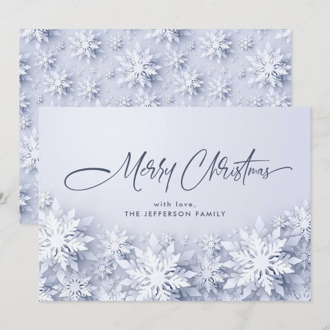 Tarjeta Festiva Elegantes Navidades de copos de nieve saludan (Anverso / Reverso)