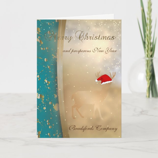 Tarjeta Festiva Elegantes Navidades de Faux Gold Deer Santa Hat,Co (Anverso)