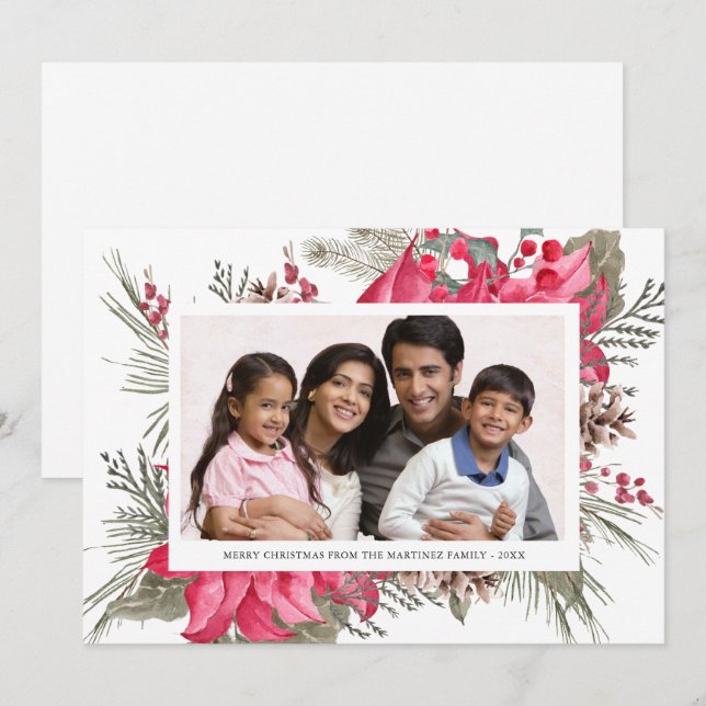 Tarjeta Festiva Elegantes Navidades de fotografía de la poinsettia (Anverso / Reverso)