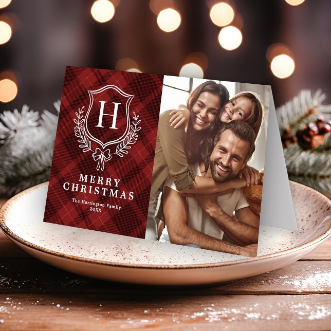 Tarjeta Festiva Elegantes Navidades de fotografía de monograma roj (Subido por el creador)