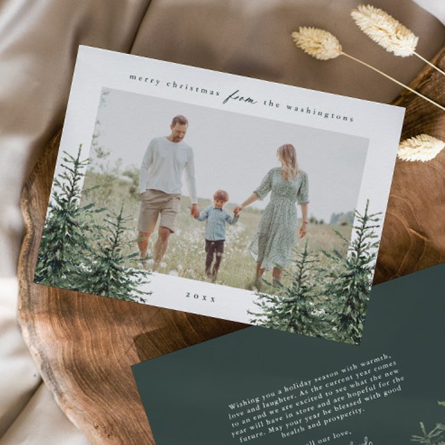 Tarjeta Festiva Elegantes Navidades de fotografía de pino pintado  (Elegant Rustic Hand Painted Pine Tree Green Photo Christmas Holiday Cards.)