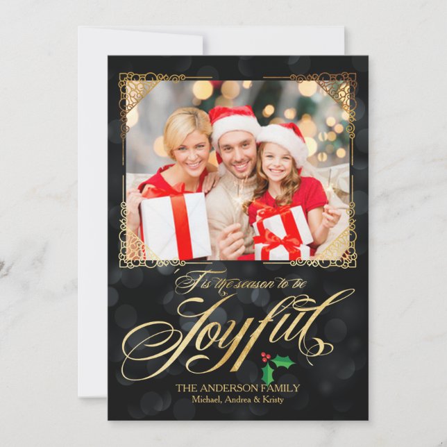 Tarjeta Festiva Elegantes Navidades de fotografía del Bokeh Negro  (Anverso)
