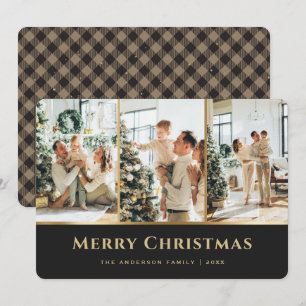 Tarjeta Festiva Elegantes Navidades de fotografía Khaki Gold Plaid