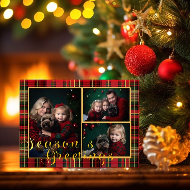 Tarjeta Festiva Elegantes Navidades de fotos rojas y verdes de plá (Christmas Tartan Plaid Red and Green Photo Card)